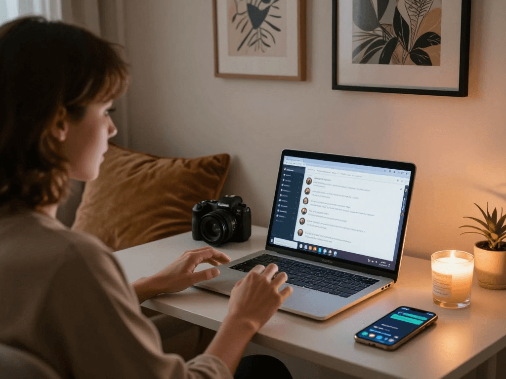 Engage in sexchat in a cozy home office environment with modern tech and inviting atmosphere.