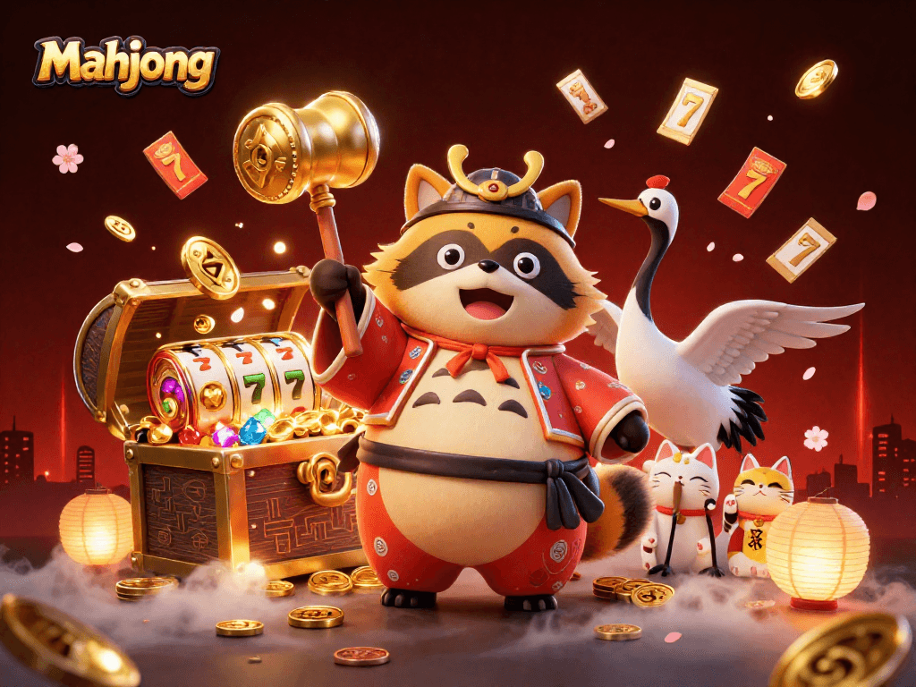 Play mahjong with lucky tanuki and maneki-neko in an exciting casino setting.