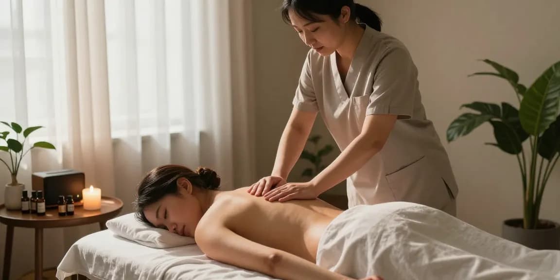 Client enjoying a 출장마사지 session in a serene home wellness environment with soothing elements.