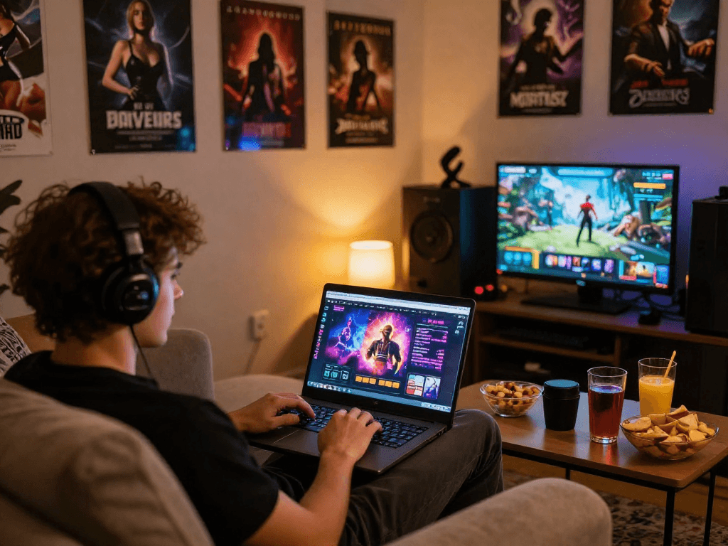 Enjoying porn games online on a cozy sofa with snacks and drinks.