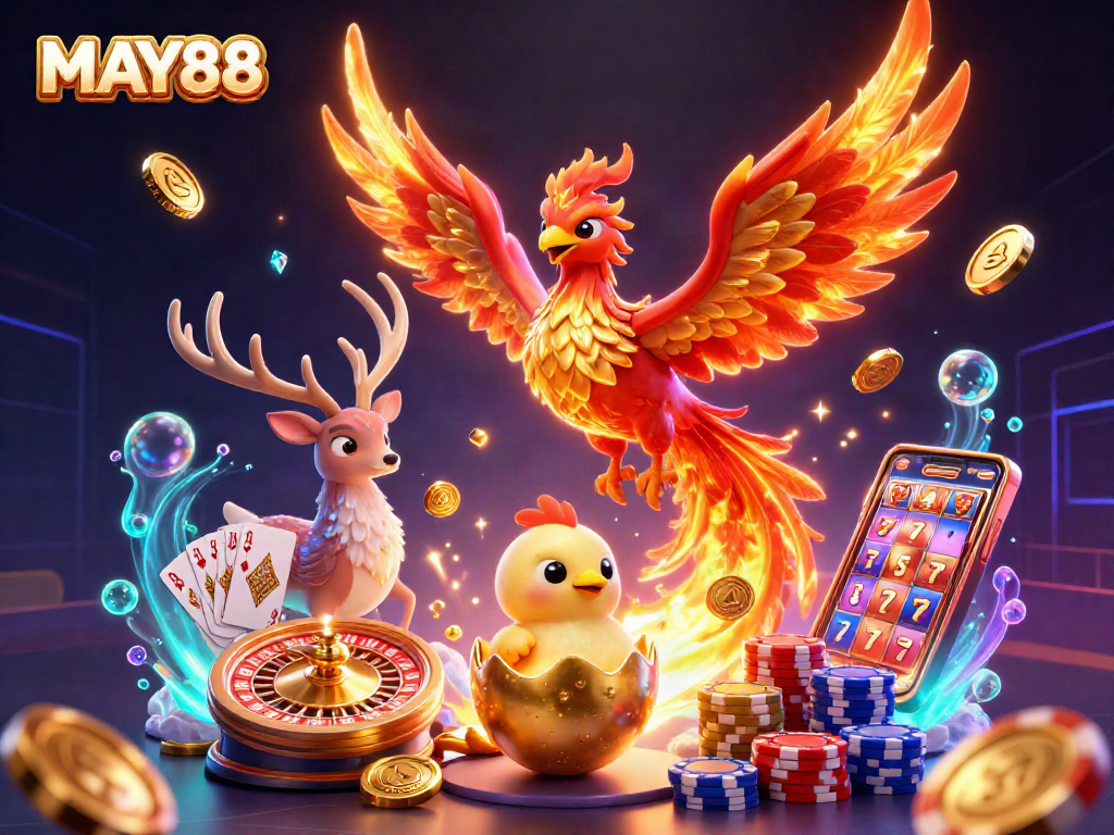 MAY88 casino fire phoenix illustration with golden coins and vibrant gambling elements flying around.