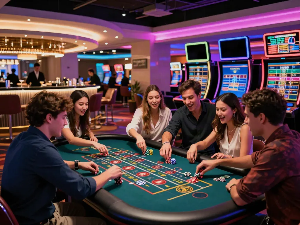 Casino not on Gamstop scene with excited players at a roulette table.