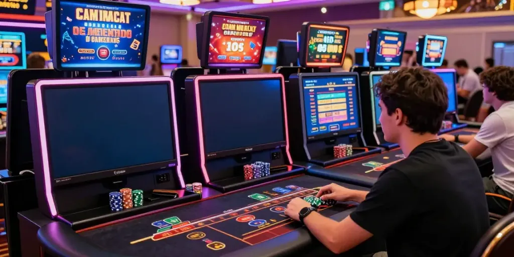 Exciting scene of a player enjoying diverse games at a casino not on GamStop, surrounded by colorful LED lights and gaming elements.