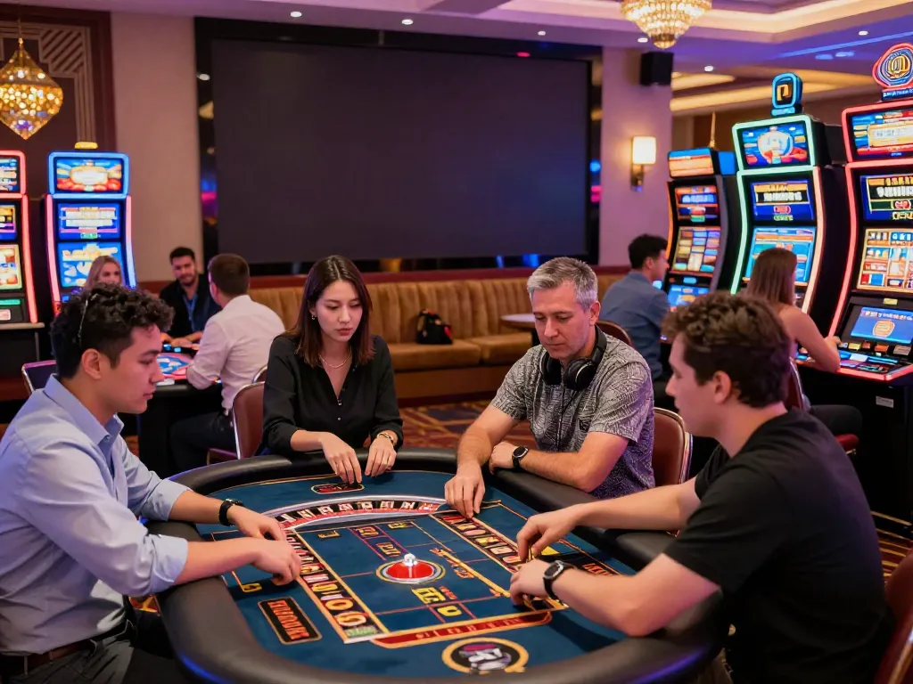 Players enjoying games in a lively casino not on GamStop atmosphere, showcasing excitement and engagement.