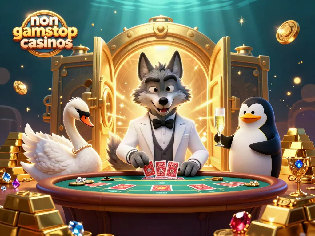 Experience excitement at non gamstop casinos with our lively baccarat scene featuring a debonair wolf, elegant swan, and refined penguin.
