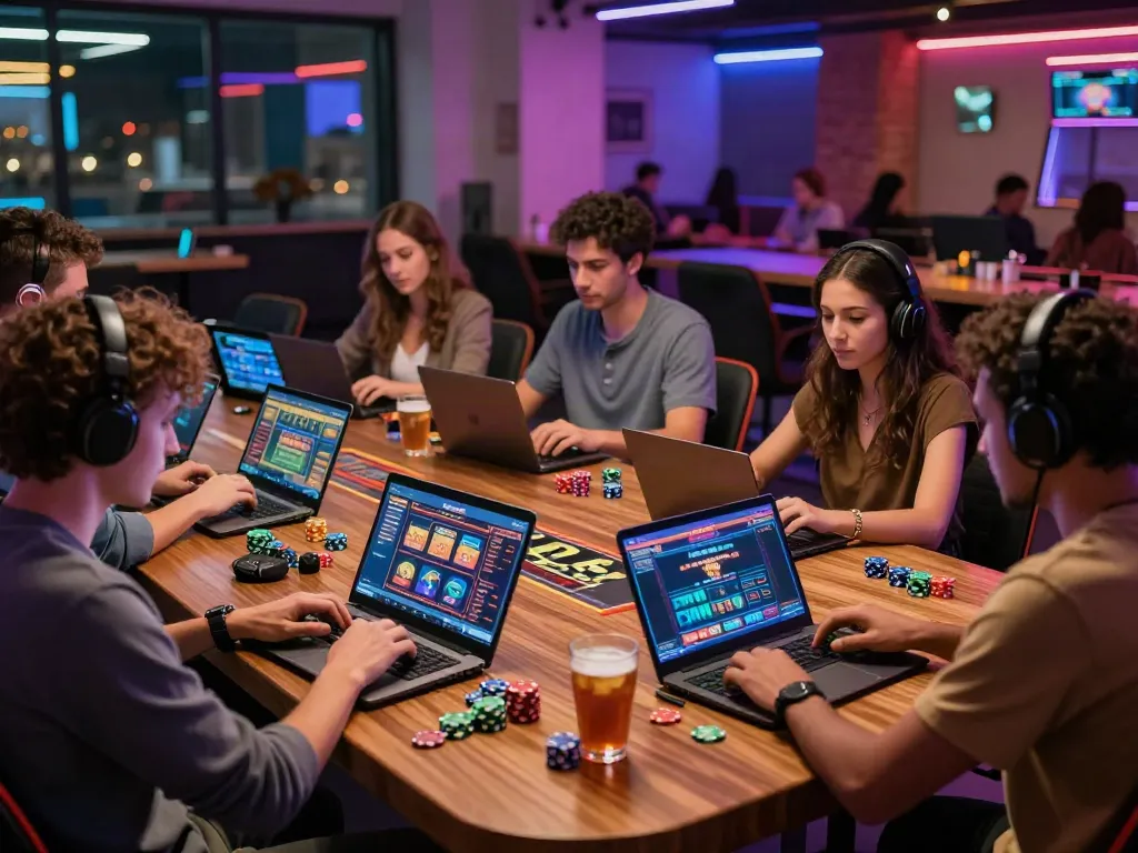 Players enjoying games at a casino not on Gamstop in a lively urban setting.