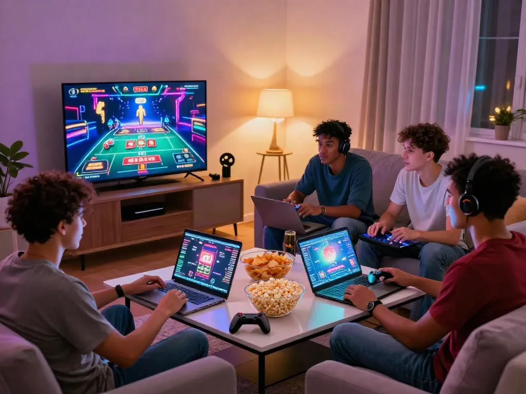 Friends enjoying a gaming night at home, exploring casino not on gamestop options with snacks and tech.