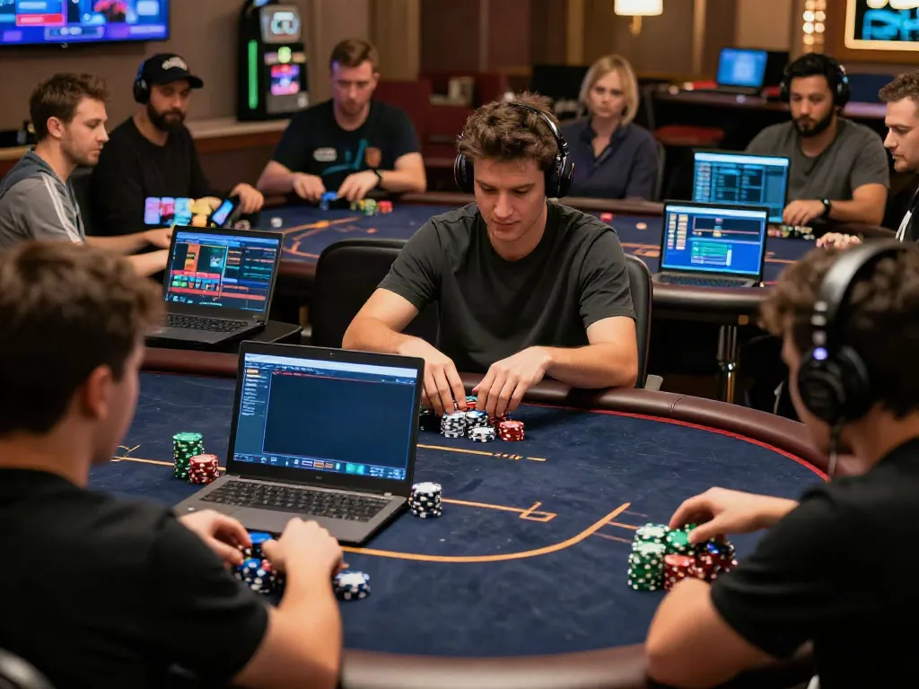 Engaged players enjoying casino not on Gamstop games at a virtual poker table.
