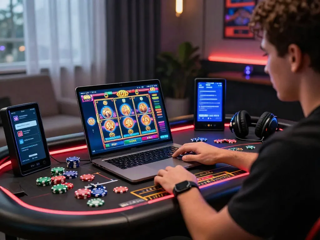 Player engaged in online casino gaming with colorful slot games on laptop, exploring casinos not on Gamstop.