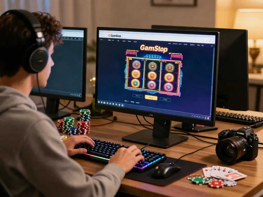 Player enjoying a game on a casino not on Gamestop website, with vibrant gaming accessories.