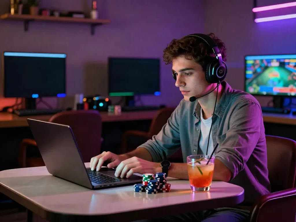 Individual engaged in gaming at a casino not on Gamstop, surrounded by vibrant lighting and poker chips.