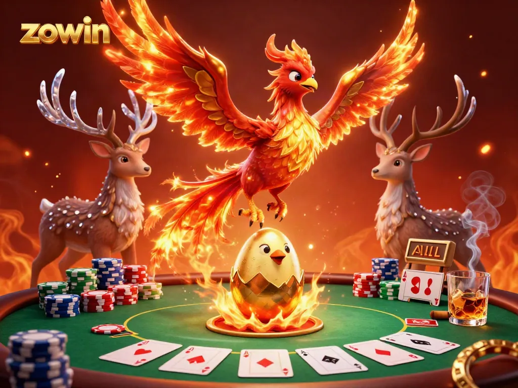 Zowin-themed dynamic poker scene with a fire phoenix and baby chick, rich in vibrant colors