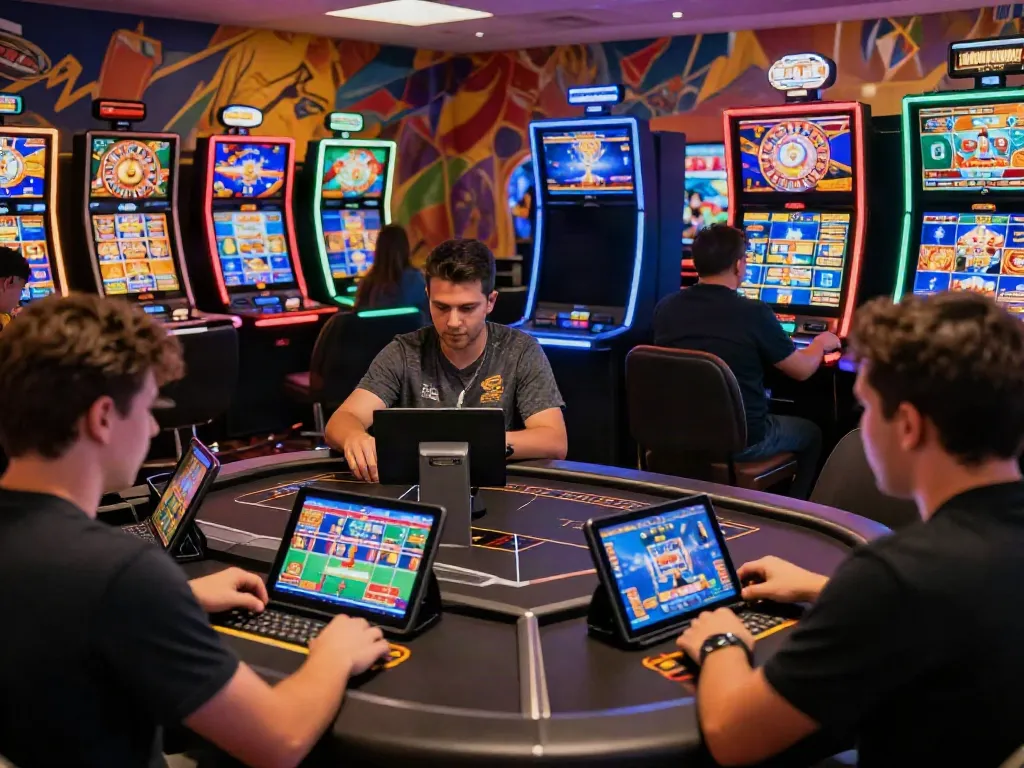 Interactive casino not on gamestop experience with diverse gamers in vibrant digital setting.