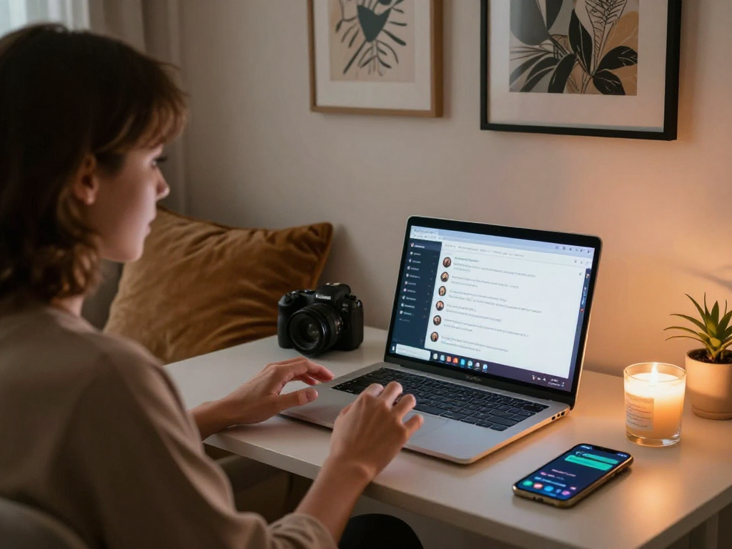 Engage in sexchat in a cozy home office environment with modern tech and inviting atmosphere.