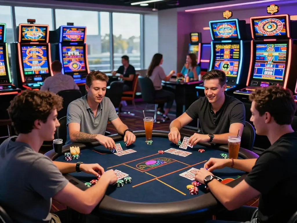 Group of friends enjoying a casino not on gamestop experience with colorful games.