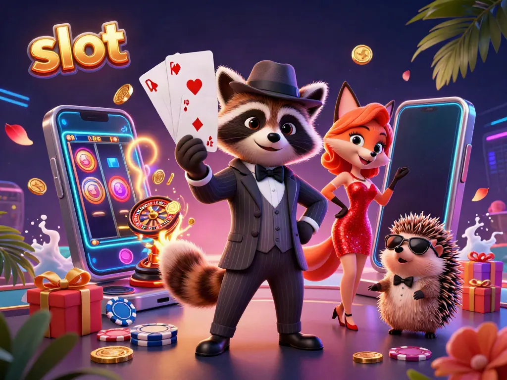 Spin the slot reels with raccoon and friends in a vibrant casino scene.