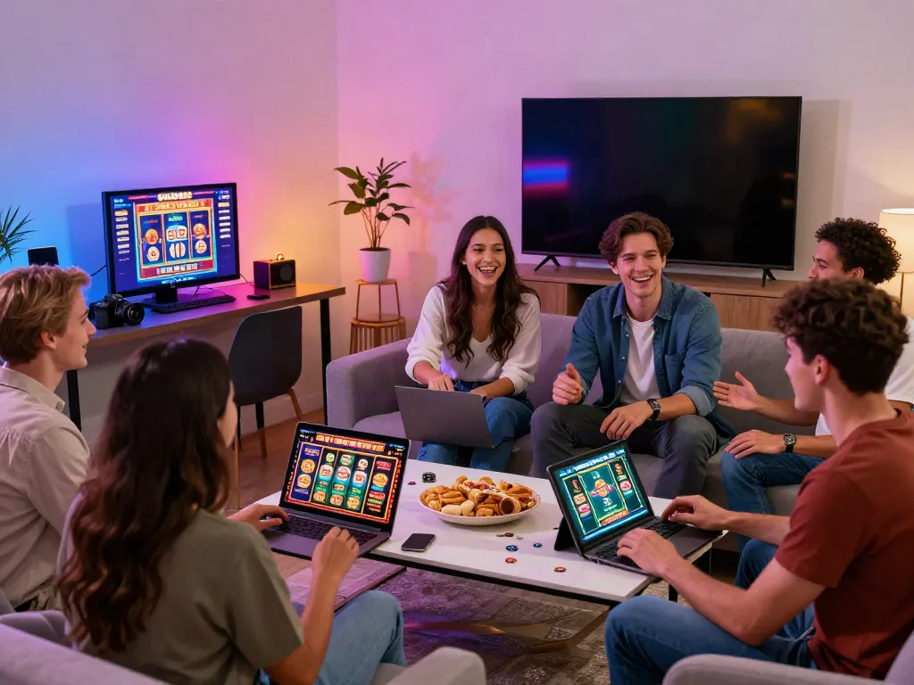 Friends enjoying an online game night at home, highlighting casino not on gamestop excitement.
