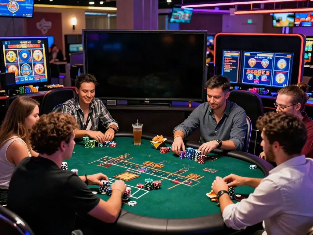 Enjoying games at a casino not on GamStop with friends and vibrant atmosphere.