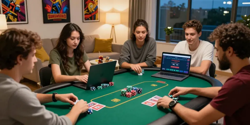Friends enjoying a lively poker game at home with casino not on gamestop websites visible on devices.