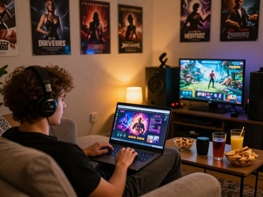 Enjoying porn games online on a cozy sofa with snacks and drinks.