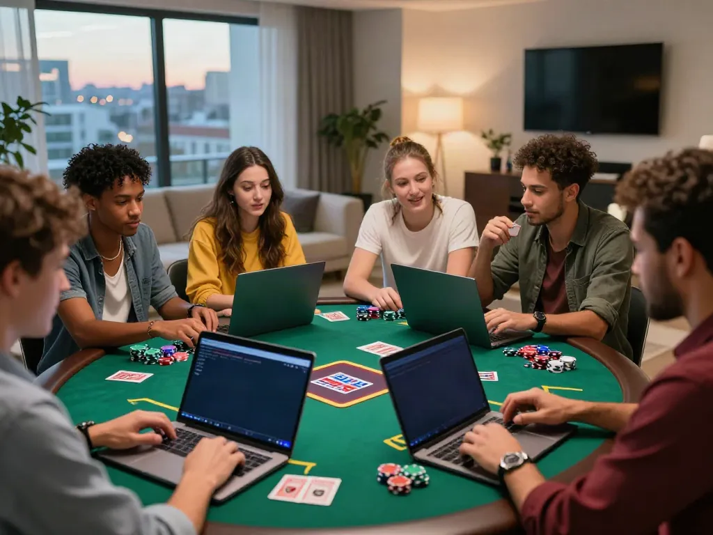 Diverse group discussing casino not on GamStop with colorful chips and laptops.