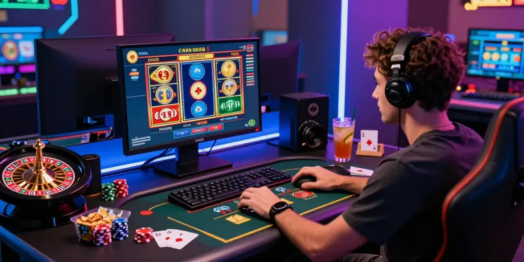 Exciting online casino not on Gamstop scene with vibrant gaming setup and accessories.