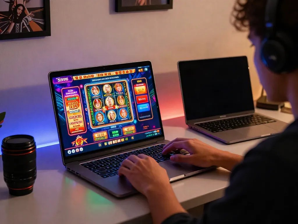 Engaged player at a casino not on gamestop, showcasing vibrant online gaming setup.