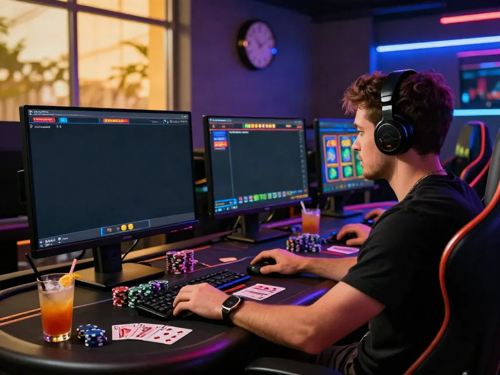 Player enjoying casino not on Gamstop games at home gaming setup.