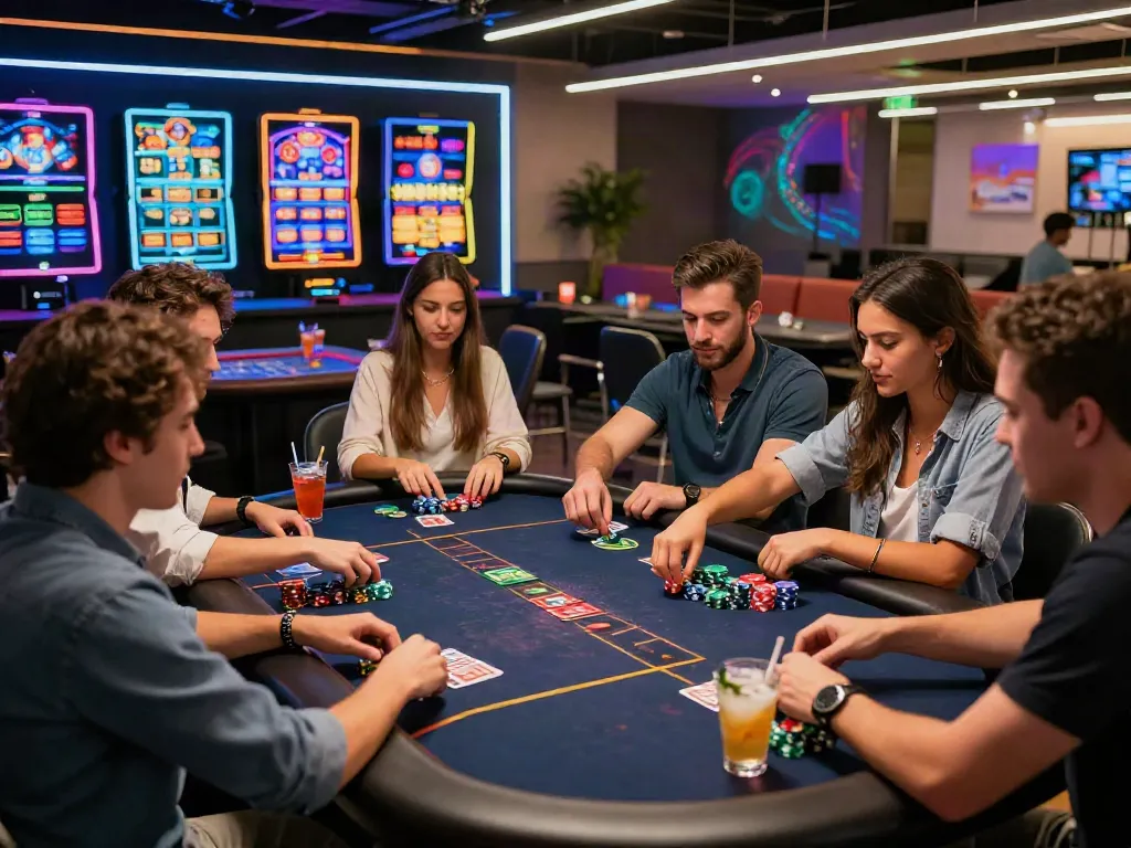 Friends experiencing an exhilarating gaming night at a casino not on Gamestop.