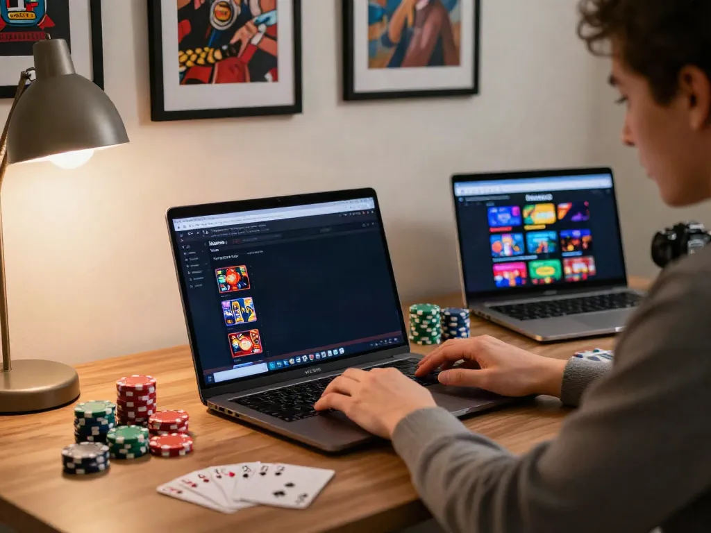 Engaged player exploring casino not on gamestop options on modern laptop.
