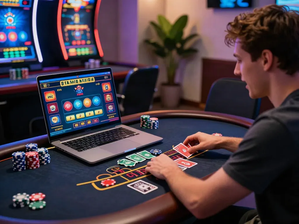 Exciting scene of a player enjoying a casino not on gamestop blackjack game on a laptop.