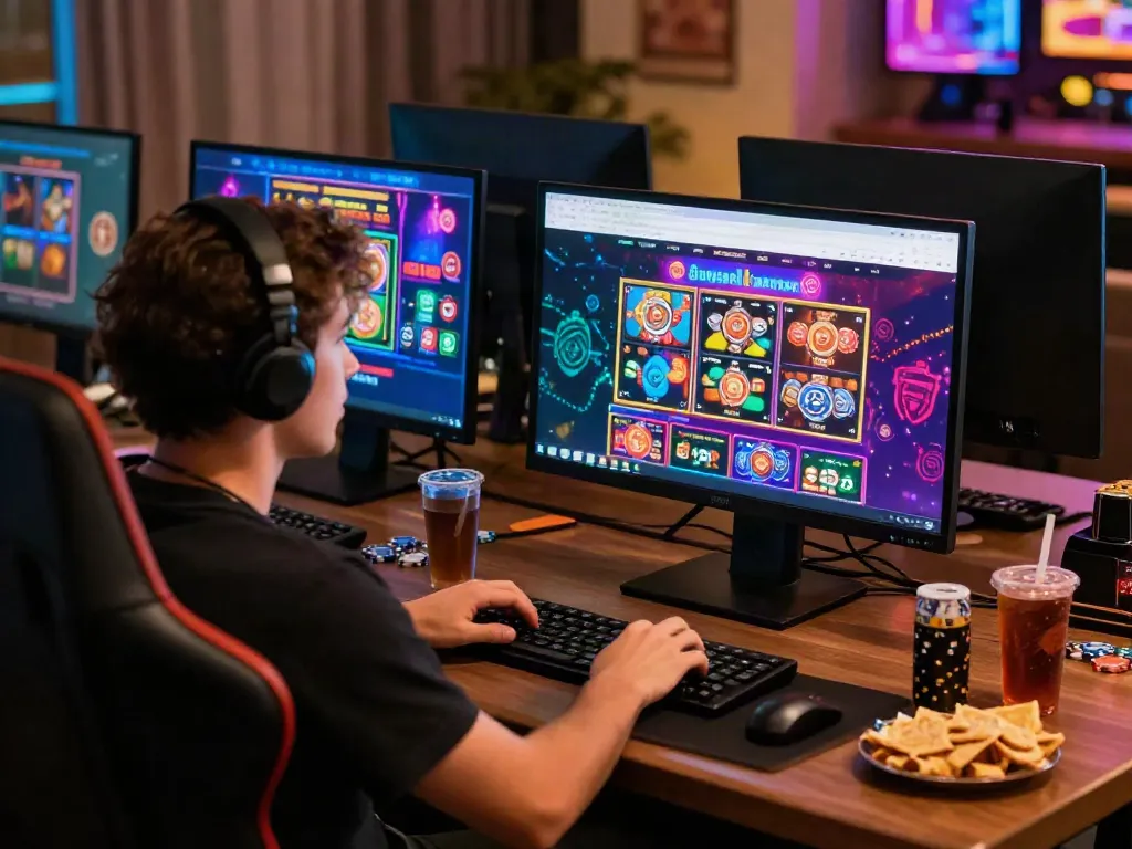 A player enjoying a casino not on GamStop in a lively home gaming setup.
