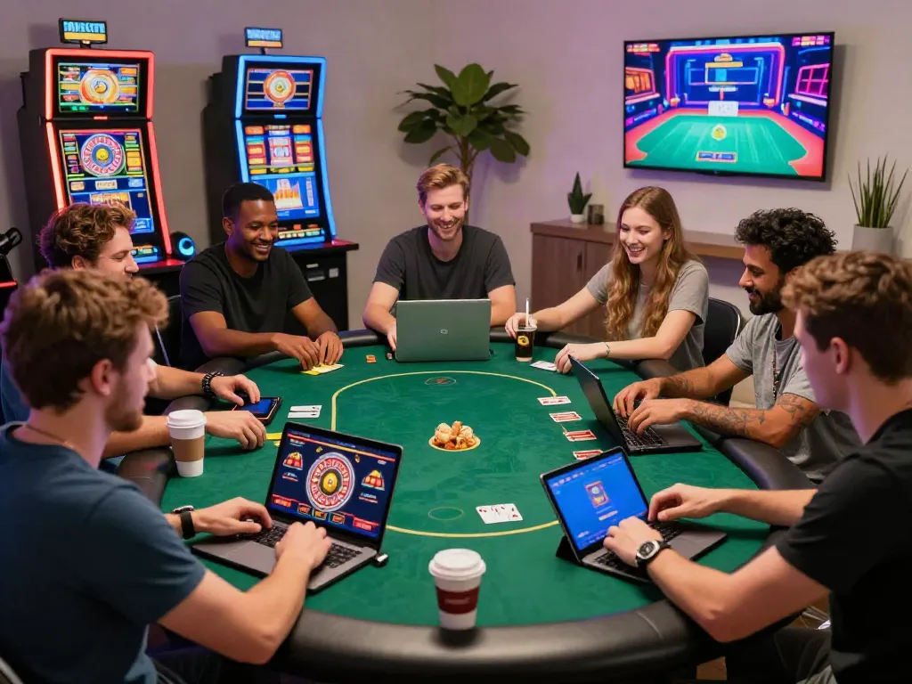 Engaging online casino players enjoying games not on Gamstop in a lively home setting.