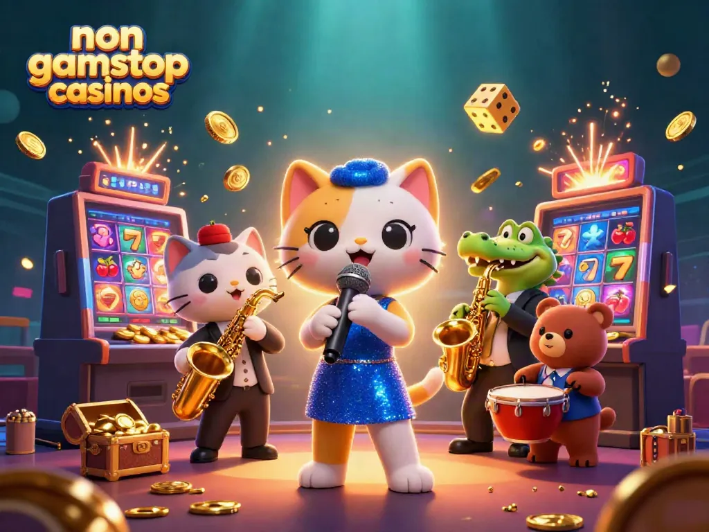 Experience the vibrant scene of non gamstop casinos with lively characters, shimmering slot games, and festive atmosphere.