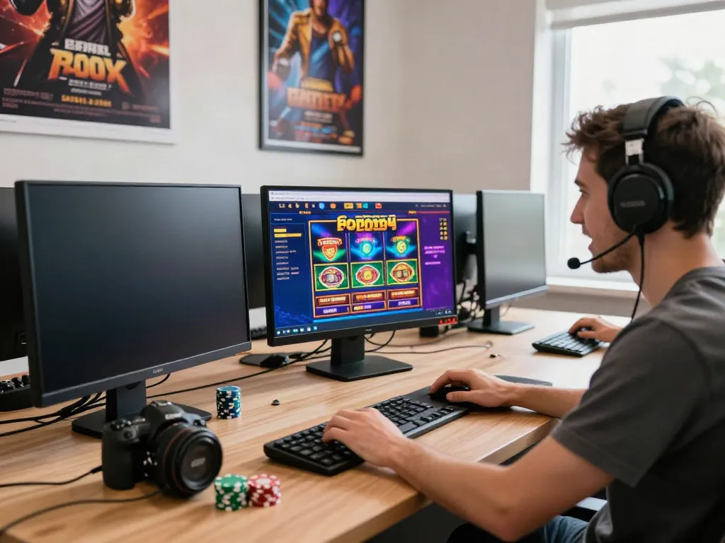 Exciting gaming atmosphere with a player at a computer engaging in casino not on gamestop.