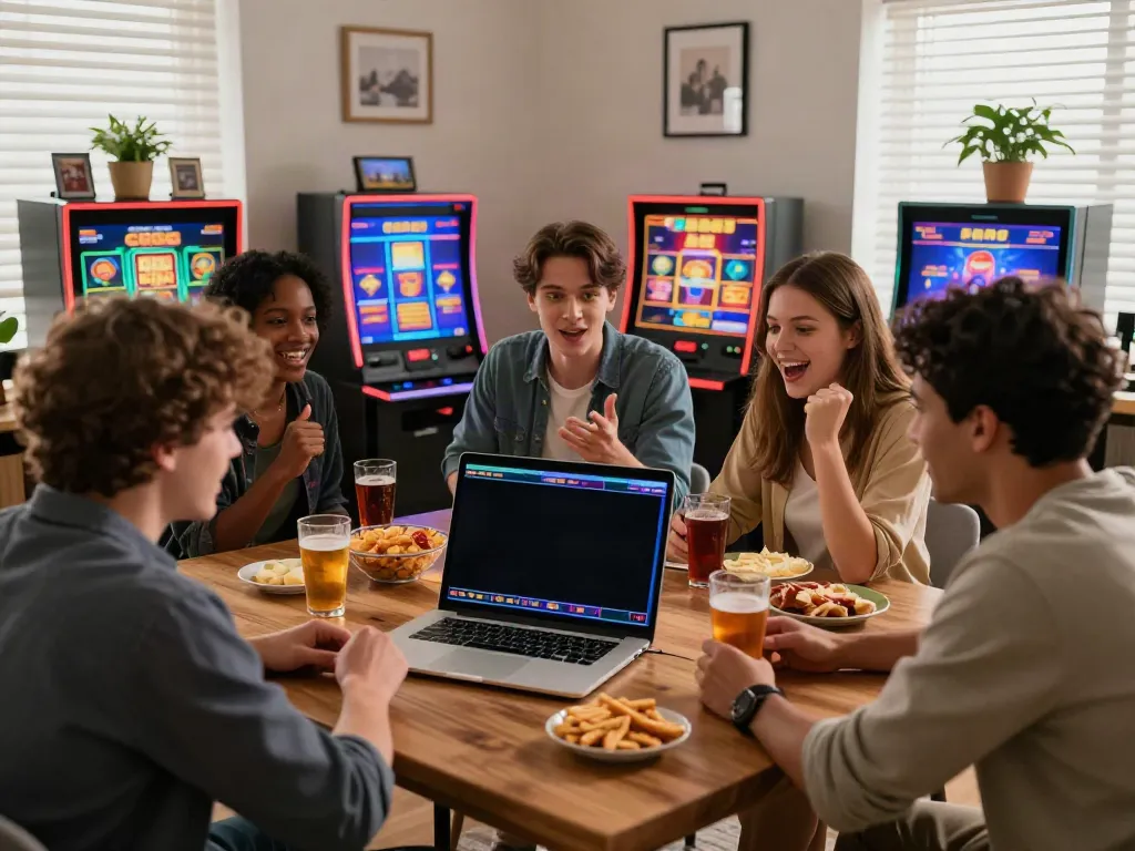 Excited friends exploring a casino not on gamestop online in a cozy living room.