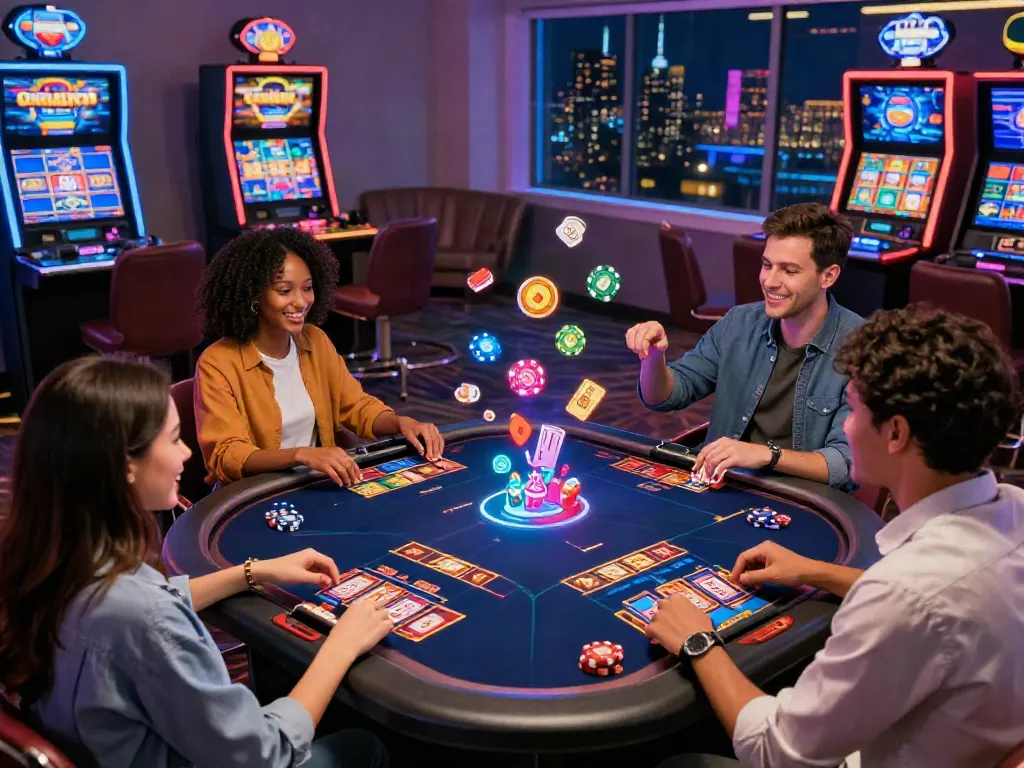 Excited players enjoying games at a casino not on Gamstop in a vibrant virtual setting.