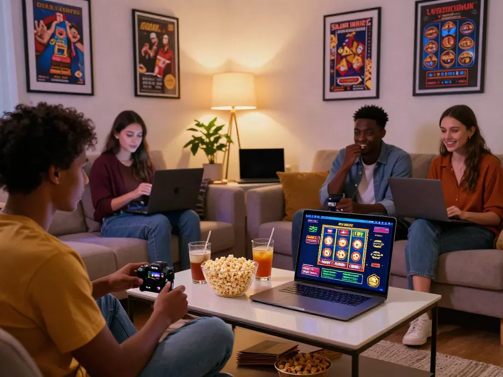 Friends enjoying a fun gaming session with an online casino not on gamestop interface in a cozy living room.