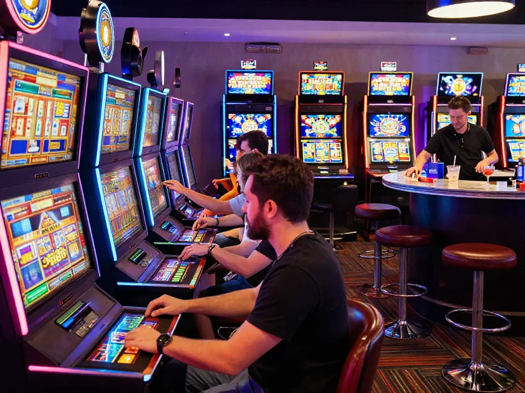 Casino not on GamStop atmosphere with vibrant gaming room and engaging players.