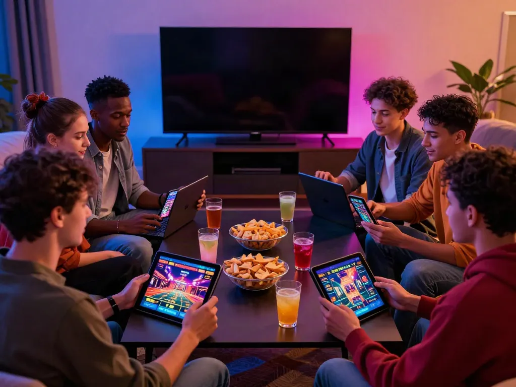 Group of friends enjoying online gaming at home, exploring casino not on GamStop.
