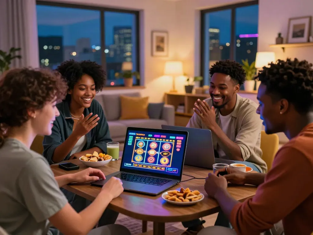 Friends enjoying a casino game not on GamStop in a cozy living room setting.