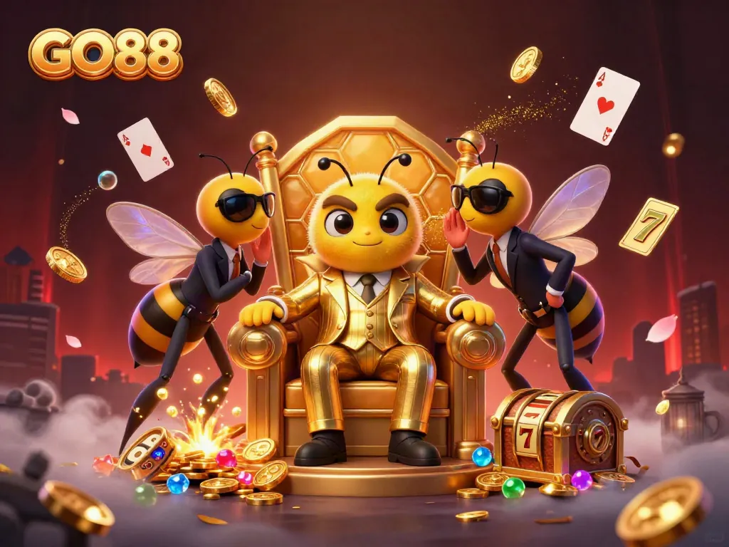 GO88 showcases a vibrant cartoon scene with a bumblebee mob boss and treasure elements in a casino setting.
