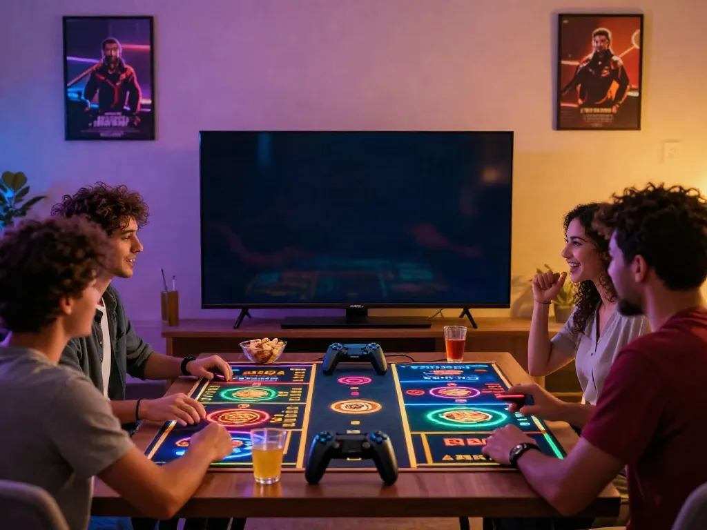 Group of friends enjoying casino games not on gamestop in a vibrant living room