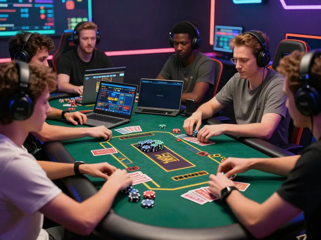Casino players enjoying an engaging game at a casino not on gamestop, surrounded by digital gaming elements.