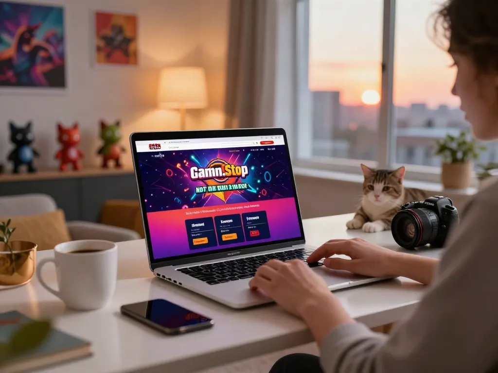 User exploring casinos not on GamStop with laptop in cozy home setting, vibrant gaming atmosphere.