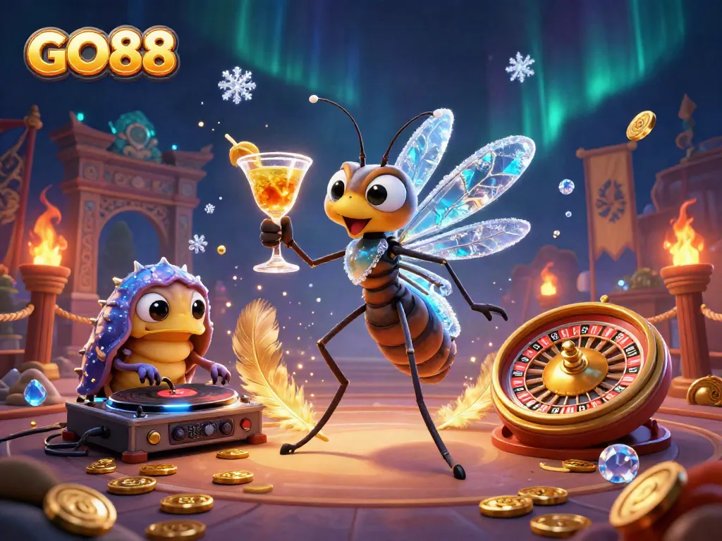 Experience the vibrant gaming action in GO88, featuring a lively casino scene with unique characters and dynamic elements.