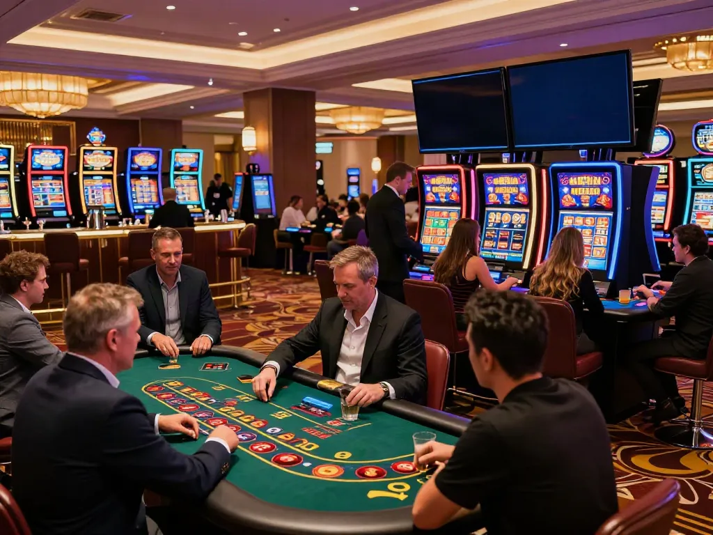 Exciting gaming scene at a casino not on gamestop, with vibrant players and colorful machines.
