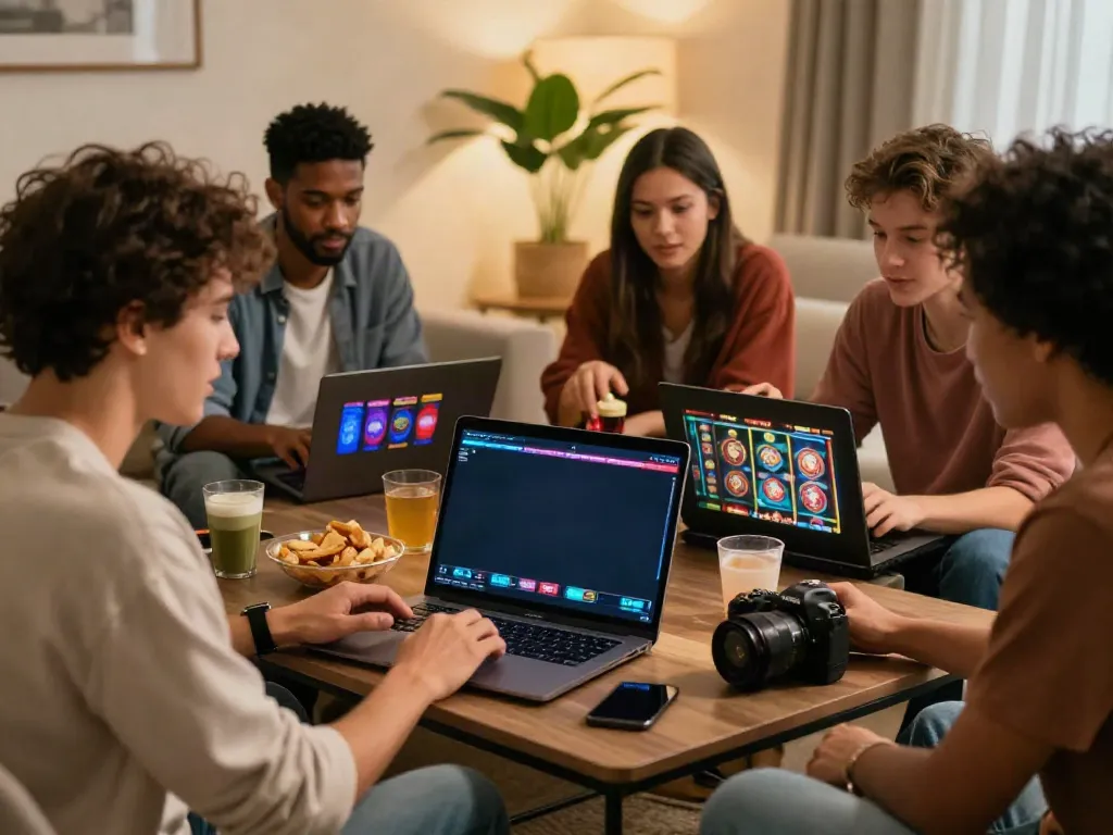 Group of friends discussing casinos not on gamstop while playing online games together.