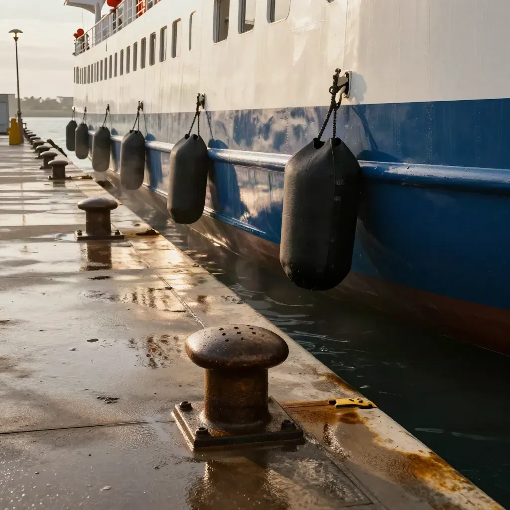 Ferry aligned in a tight berth with fenders, bollards, wet quay and salt spray at dusk.