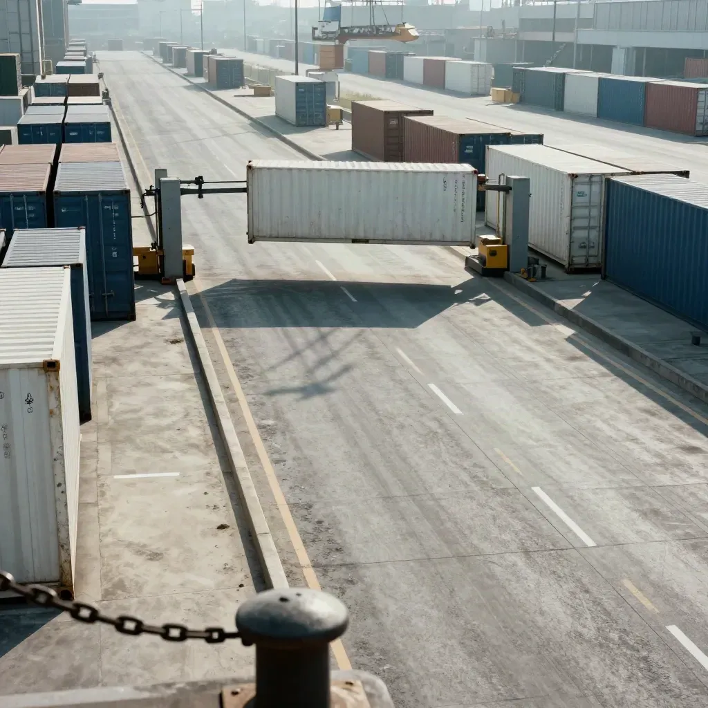 Container yard lanes clear as a crane lifts a box, with heat haze and long shadows.